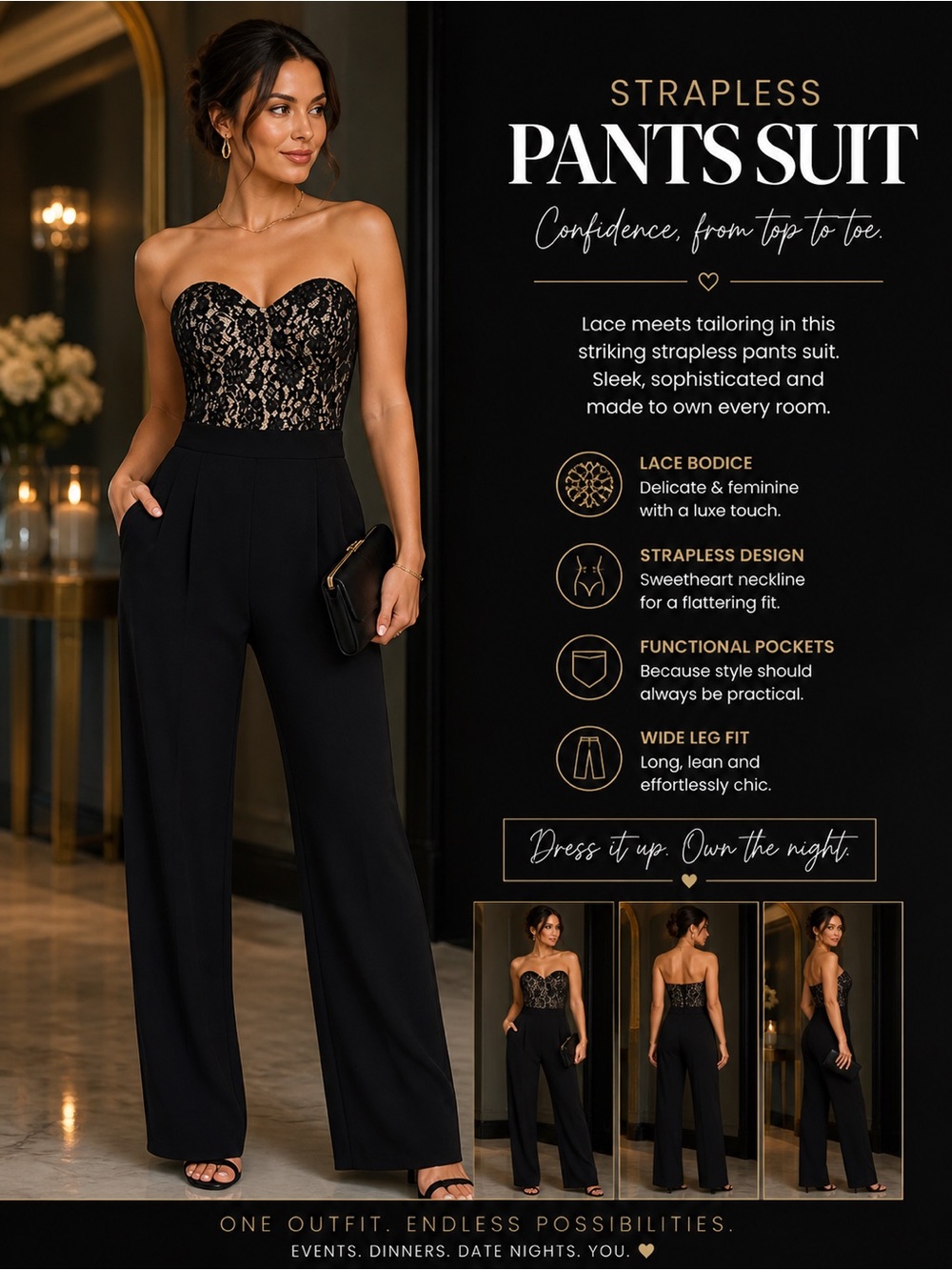 Express Black Lace Strapless Jumpsuit with Nude Lining